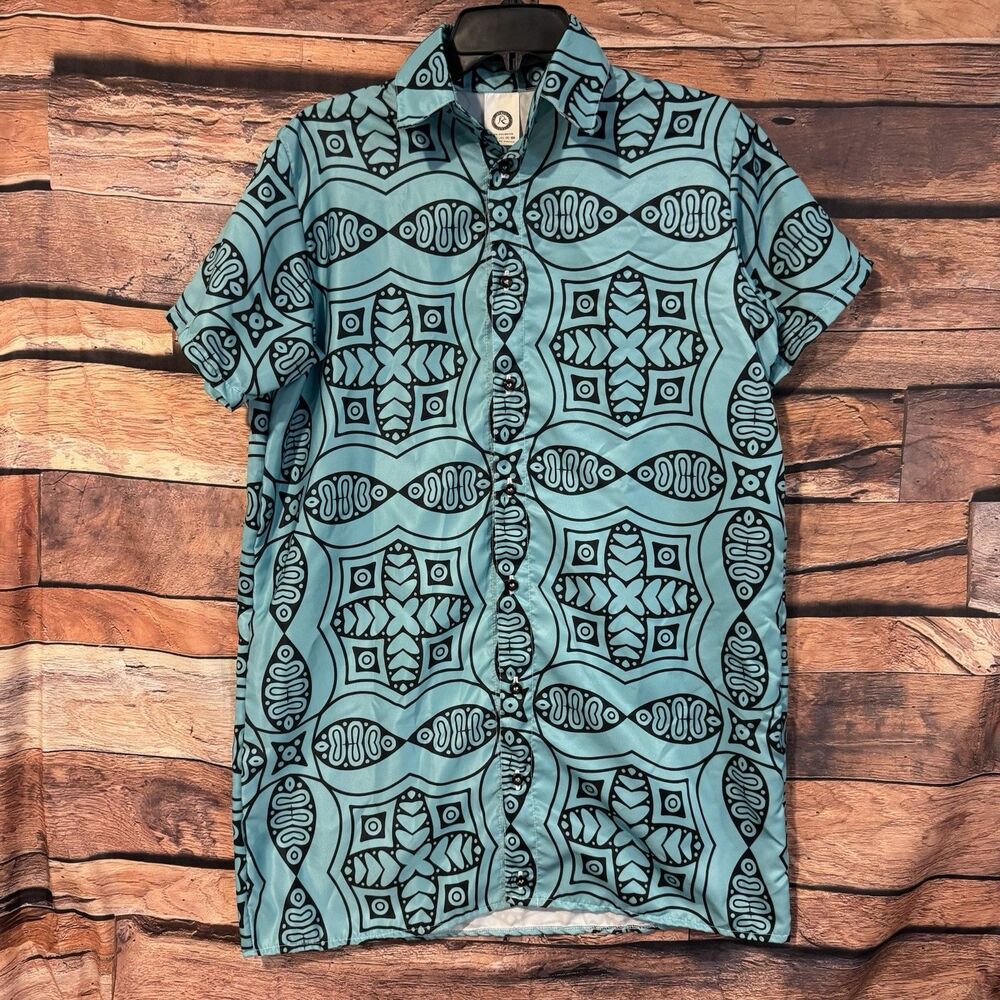 Geometric Aztec Tribal Print Shirt Mens L Turquoise Teal Polyester Festival Ibiz
